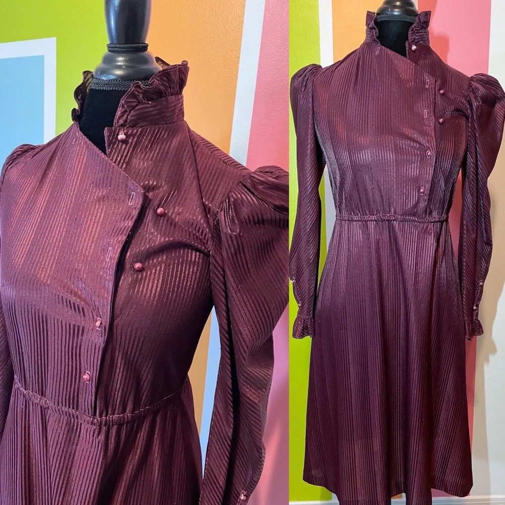 Vintage Merlot Ruffle High-Neck Puff Sleeve Dress - Picture 11 of 12